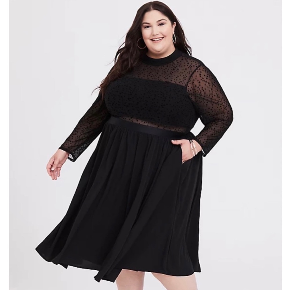 BLACK MESH FLOCKED STAR MOCK NECK MIDI DRESS